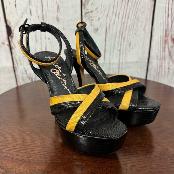 Alice & Olivia Lizabeth Black & Yellow patent leather Ankle Strap Platforms 6.5 - Picture 16 of 17
